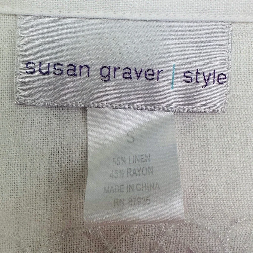 Susan Graver White Linen Blend Embroidered Lace Cut Out Blouse S Cottagecore 90s